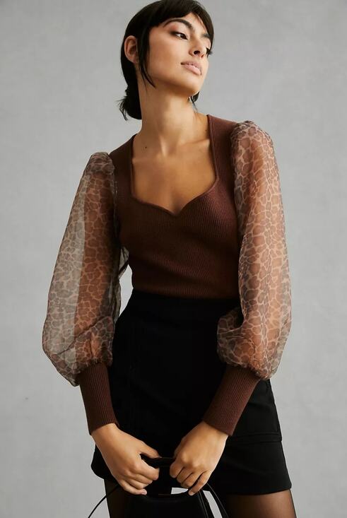 Anthropologie Tops - Anthropologie Dolan Puff Sleeve Sweater Top NWT Brown Leopard Bustier XXS Blouse